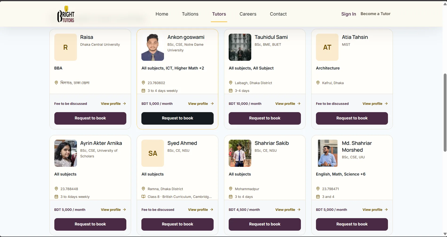 Guardians compare tutor profiles by subject and qualification before sending a request.
